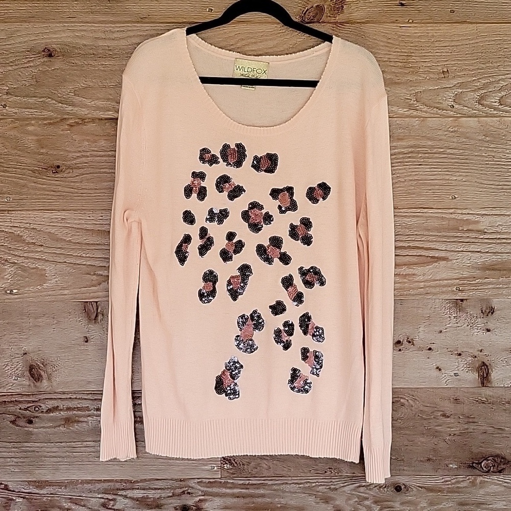 Wildfox Size Medium Peach Angora Blend Sweater with Leopard Sequins